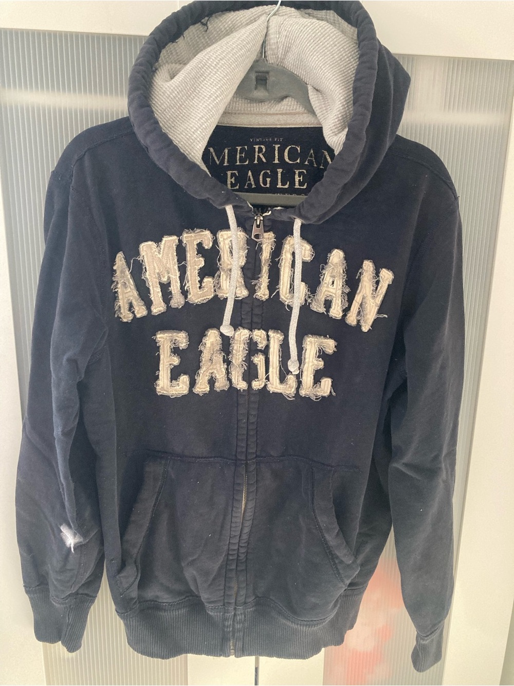 American Eagle Outfitters Navy Blue and Cream Hooded Sweatshirt